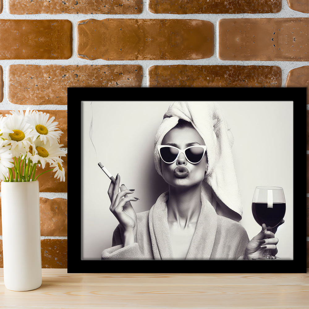 Woman In Bathrobe Art, Vintage Woman Smoking and Drinking Wine Art, Black and White, Bathroom Framed Art Print Wall Decor