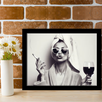 Woman In Bathrobe Art, Vintage Woman Smoking and Drinking Wine Art, Black and White, Bathroom Framed Art Print Wall Decor