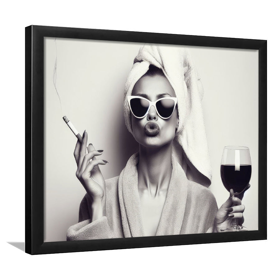 Woman In Bathrobe Art, Vintage Woman Smoking and Drinking Wine Art, Black and White, Bathroom Framed Art Print Wall Decor