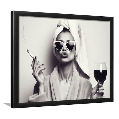 Woman In Bathrobe Art, Vintage Woman Smoking and Drinking Wine Art, Black and White, Bathroom Framed Art Print Wall Decor