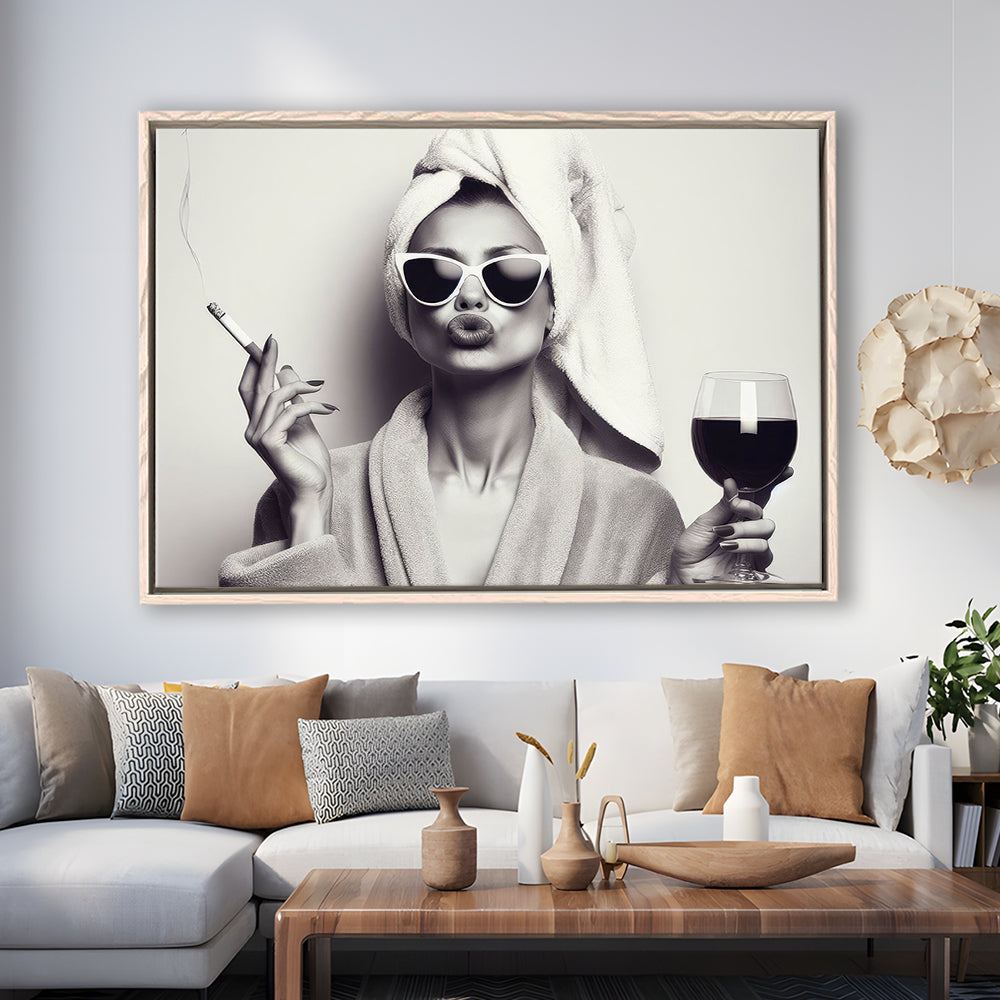 Woman In Bathrobe Art, Vintage Woman Smoking and Drinking Wine Art, Black and White, Bathroom Framed Canvas Print Wall Art
