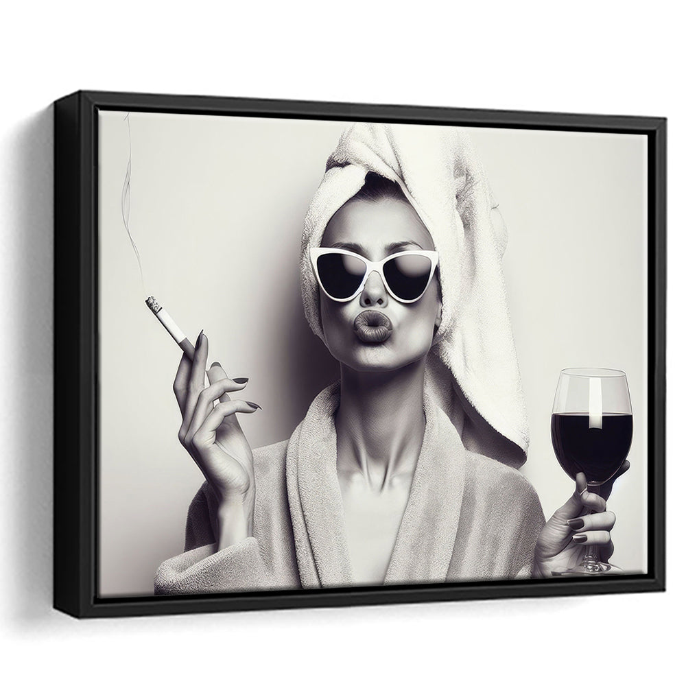 Woman In Bathrobe Art, Vintage Woman Smoking and Drinking Wine Art, Black and White, Bathroom Framed Canvas Print Wall Art
