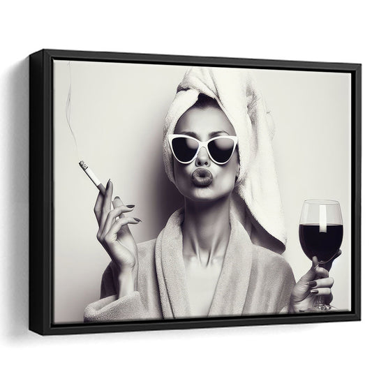 Woman In Bathrobe Art, Vintage Woman Smoking and Drinking Wine Art, Black and White, Bathroom Framed Canvas Print Wall Art