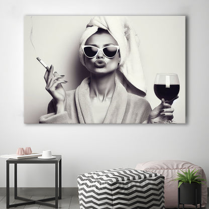 Woman In Bathrobe Print, Vintage Woman Smoking and Drinking Wine Art, Black and White, Bathroom Canvas Print Wall Art