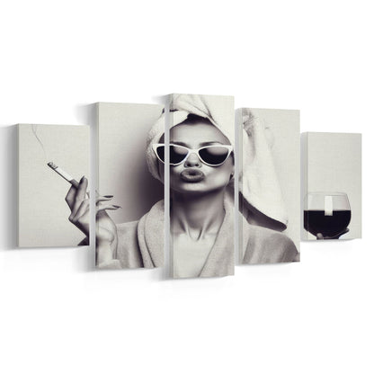 Woman In Bathrobe Art, Vintage Woman Smoking and Drinking Wine Art, Black and White, Bathroom Mixed Canvas Print Wall Art