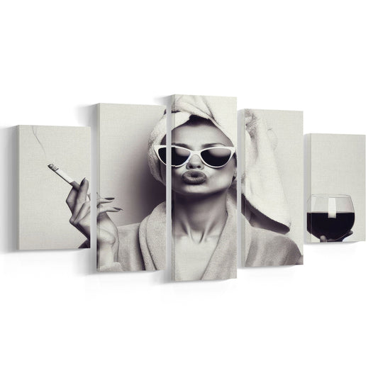 Woman In Bathrobe Art, Vintage Woman Smoking and Drinking Wine Art, Black and White, Bathroom Mixed Canvas Print Wall Art