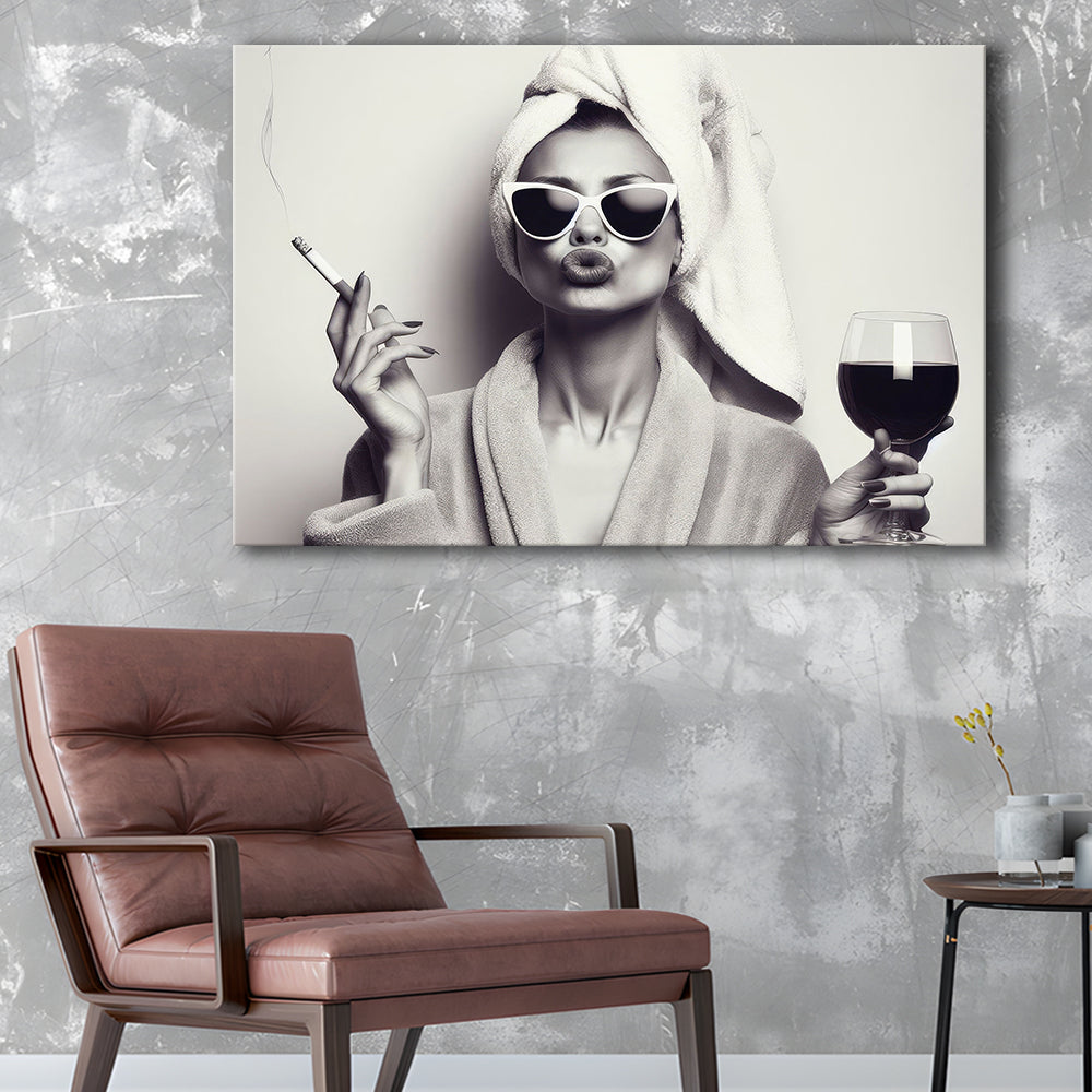 Woman In Bathrobe Print, Vintage Woman Smoking and Drinking Wine Art, Black and White, Bathroom Canvas Print Wall Art