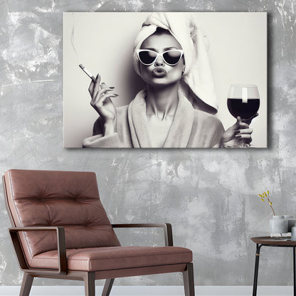 Woman In Bathrobe Print, Vintage Woman Smoking and Drinking Wine Art, Black and White, Bathroom Canvas Print Wall Art