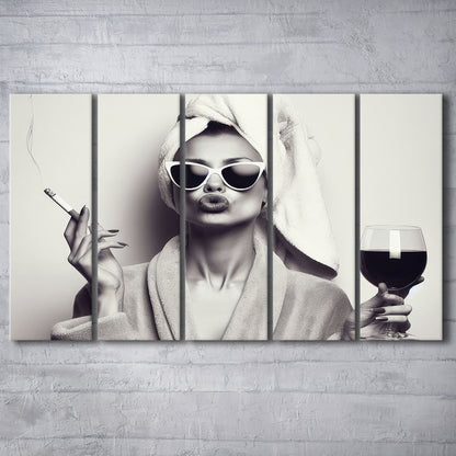 Woman In Bathrobe Art, Vintage Woman Smoking and Drinking Wine Art, Black and White, Extra Large Canvas Print