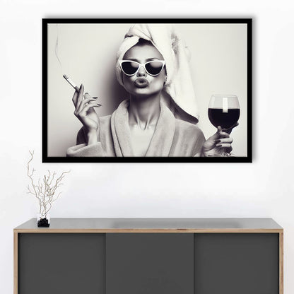 Woman In Bathrobe Art, Vintage Woman Smoking and Drinking Wine Art, Black and White, Bathroom Framed Art Print Wall Decor