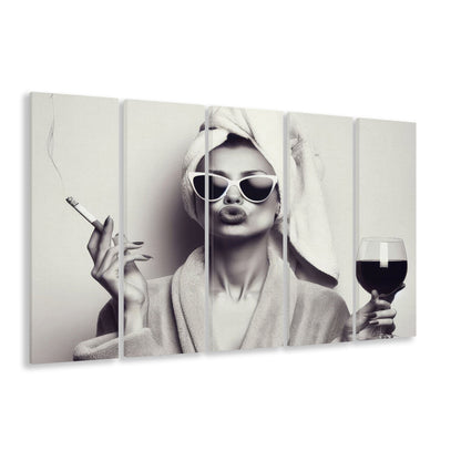 Woman In Bathrobe Art, Vintage Woman Smoking and Drinking Wine Art, Black and White, Extra Large Canvas Print