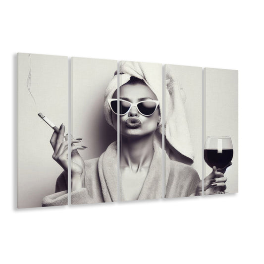 Woman In Bathrobe Art, Vintage Woman Smoking and Drinking Wine Art, Black and White, Extra Large Canvas Print