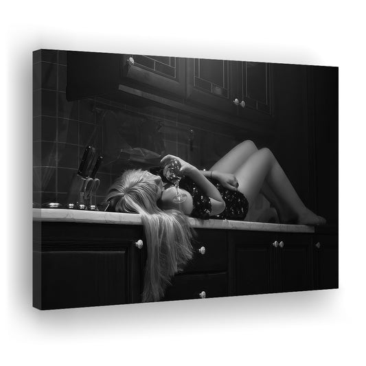Woman Laying On Kitchen Counter Holding Wine Glass Canvas Print Wall Art, Drunk Woman Black and White, Retro Wall Decor