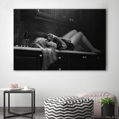 Woman Laying On Kitchen Counter Holding Wine Glass Canvas Print Wall Art, Drunk Woman Black and White, Retro Wall Decor