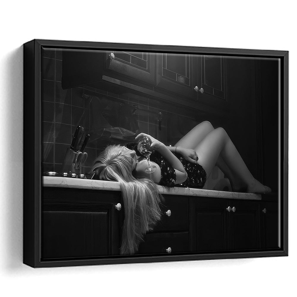 Woman Laying On Kitchen Counter Holding Wine Glass Framed Canvas Print Wall Art, Drunk Woman Black and White Wall Decor
