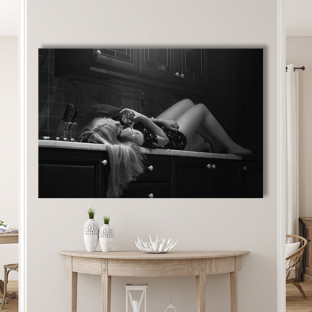 Woman Laying On Kitchen Counter Holding Wine Glass Canvas Print Wall Art, Drunk Woman Black and White, Retro Wall Decor