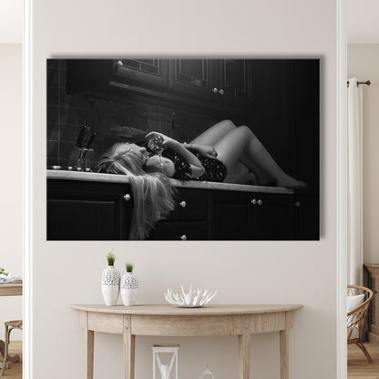 Woman Laying On Kitchen Counter Holding Wine Glass Canvas Print Wall Art, Drunk Woman Black and White, Retro Wall Decor