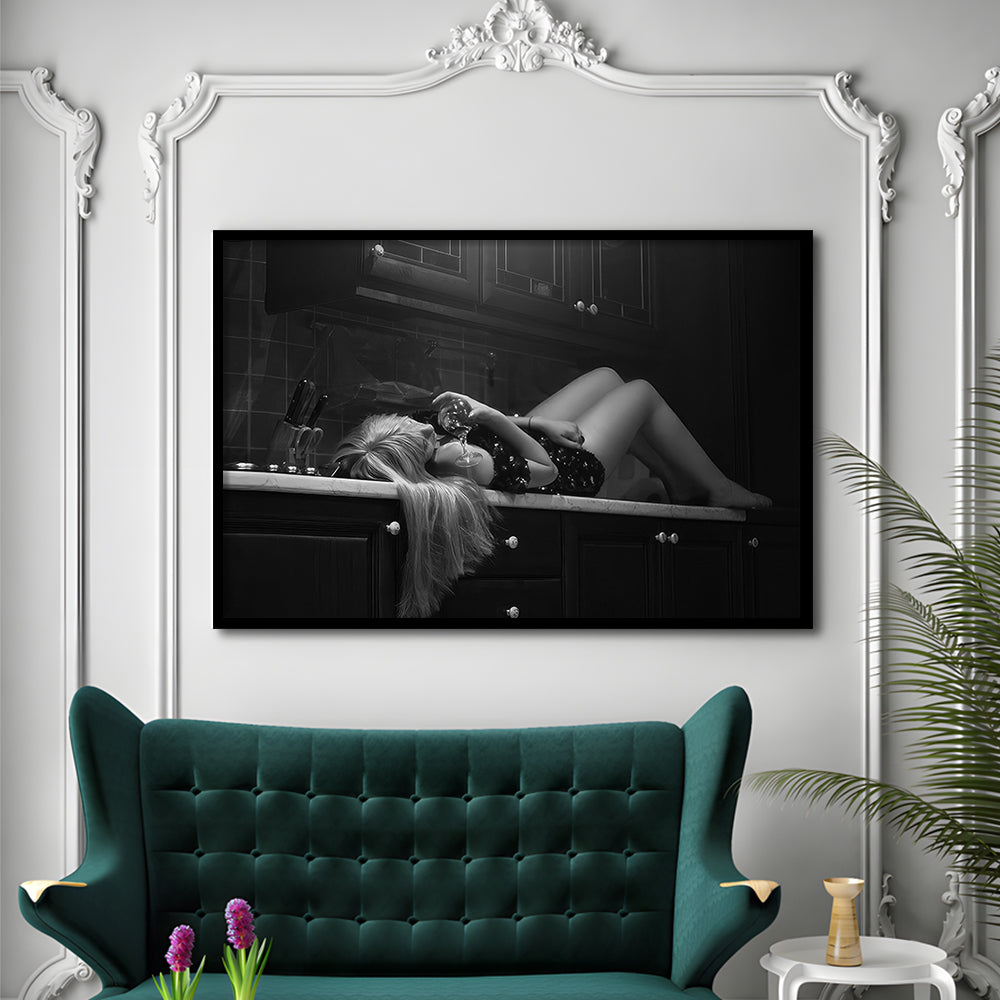 Woman Laying On Kitchen Counter Holding Wine Glass Framed Art Print Wall Decor, Drunk Woman Black and White Wall Decor