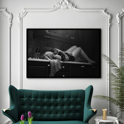Woman Laying On Kitchen Counter Holding Wine Glass Framed Art Print Wall Decor, Drunk Woman Black and White Wall Decor