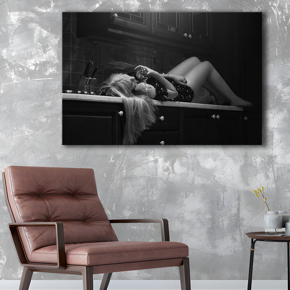 Woman Laying On Kitchen Counter Holding Wine Glass Canvas Print Wall Art, Drunk Woman Black and White, Retro Wall Decor