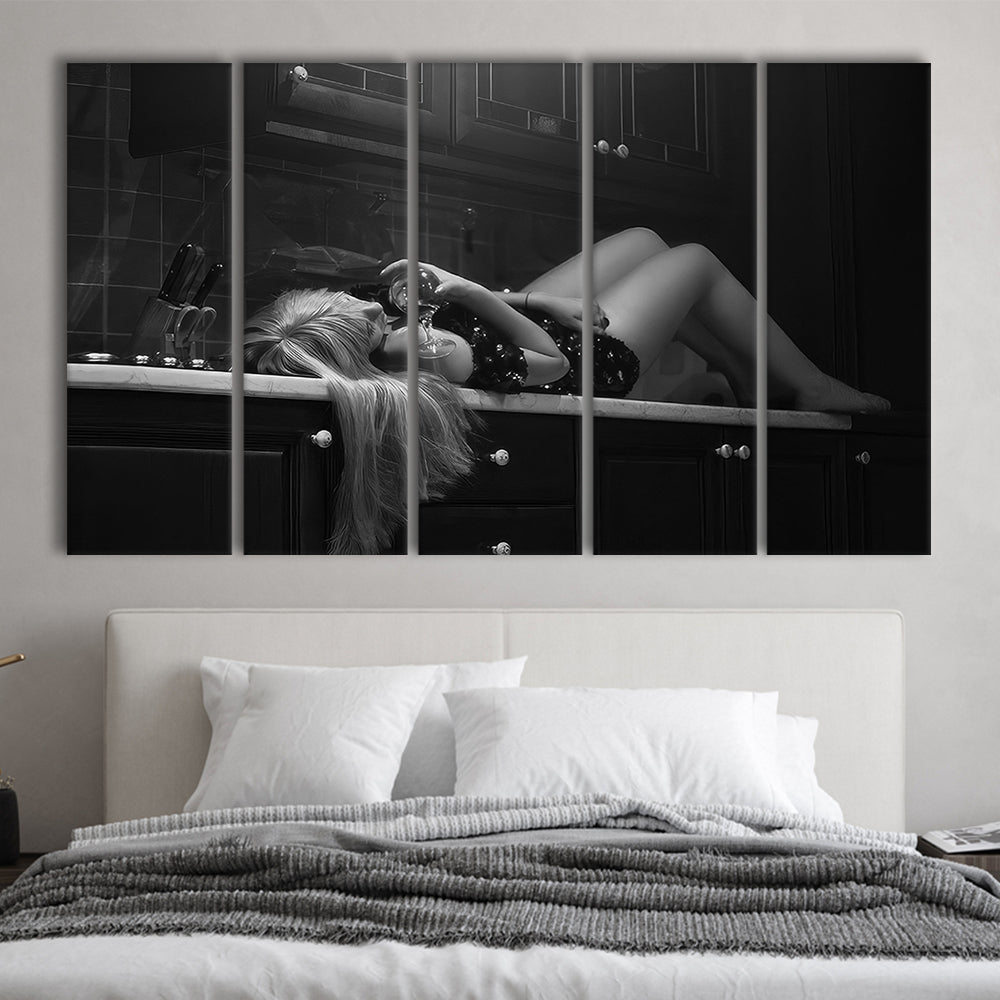 Woman Laying On Kitchen Counter Holding Wine Glass 5 Panels Canvas Print Wall Art, Drunk Woman Black and White