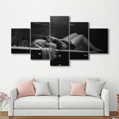 Woman Laying On Kitchen Counter Holding Wine Glass Mixed Canvas Print Wall Art, Drunk Woman Black and White Wall Decor