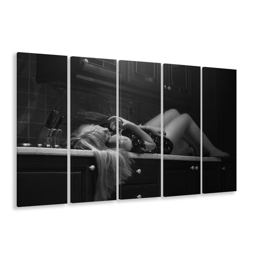 Woman Laying On Kitchen Counter Holding Wine Glass 5 Panels Canvas Print Wall Art, Drunk Woman Black and White