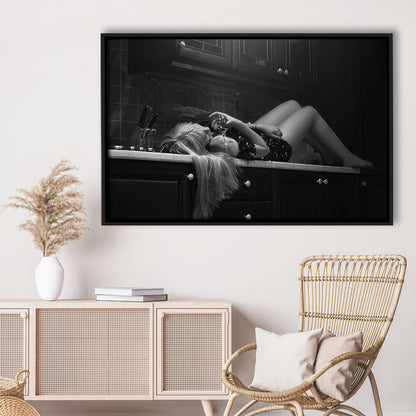 Woman Laying On Kitchen Counter Holding Wine Glass Framed Canvas Print Wall Art, Drunk Woman Black and White Wall Decor