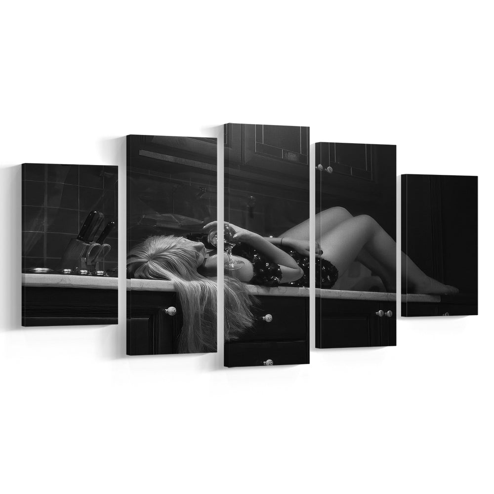 Woman Laying On Kitchen Counter Holding Wine Glass Mixed Canvas Print Wall Art, Drunk Woman Black and White Wall Decor