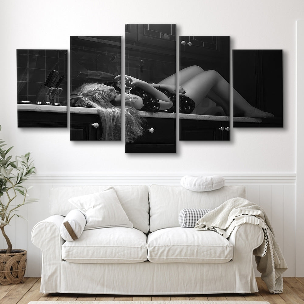 Woman Laying On Kitchen Counter Holding Wine Glass Mixed Canvas Print Wall Art, Drunk Woman Black and White Wall Decor