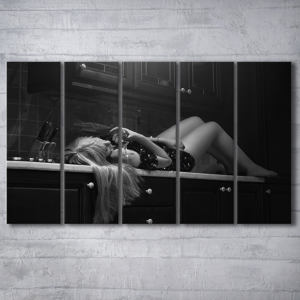 Woman Laying On Kitchen Counter Holding Wine Glass 5 Panels Canvas Print Wall Art, Drunk Woman Black and White