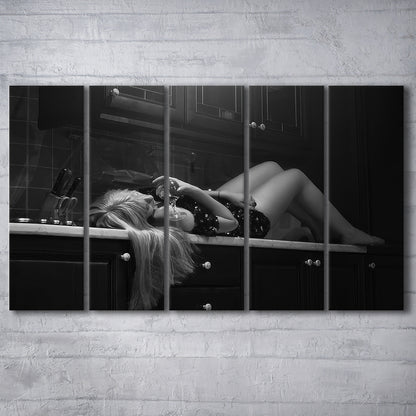 Woman Laying On Kitchen Counter Holding Wine Glass 5 Panels Canvas Print Wall Art, Drunk Woman Black and White