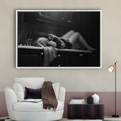 Woman Laying On Kitchen Counter Holding Wine Glass Framed Canvas Print Wall Art, Drunk Woman Black and White Wall Decor