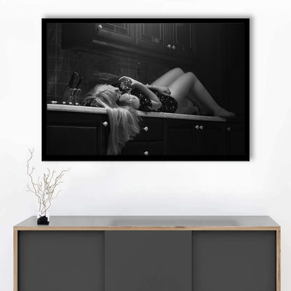 Woman Laying On Kitchen Counter Holding Wine Glass Framed Art Print Wall Decor, Drunk Woman Black and White Wall Decor