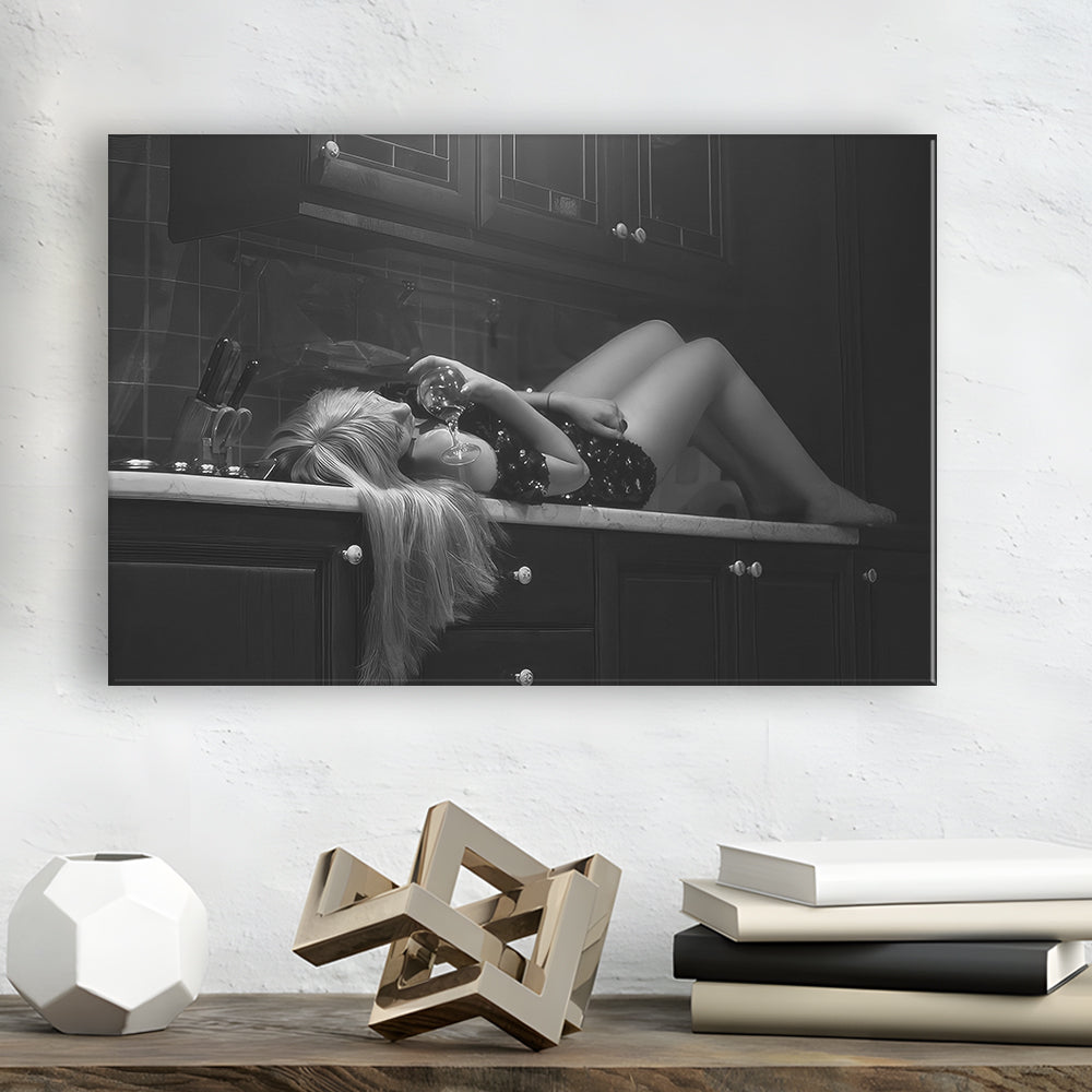 Woman Laying On Kitchen Counter Holding Wine Glass Canvas Print Wall Art, Drunk Woman Black and White, Retro Wall Decor