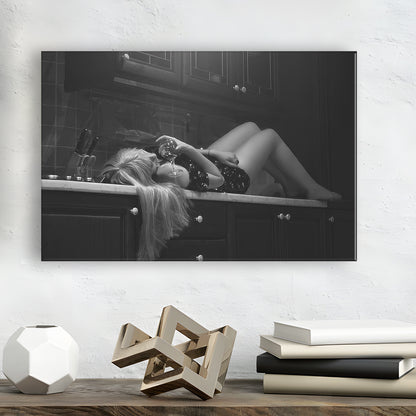 Woman Laying On Kitchen Counter Holding Wine Glass Canvas Print Wall Art, Drunk Woman Black and White, Retro Wall Decor