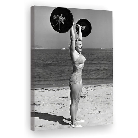 Woman Lifting Weights At Beach Canvas Print Wall Art, Beach Fitness Print, Bodybuilder, Black and White, Gym Decor