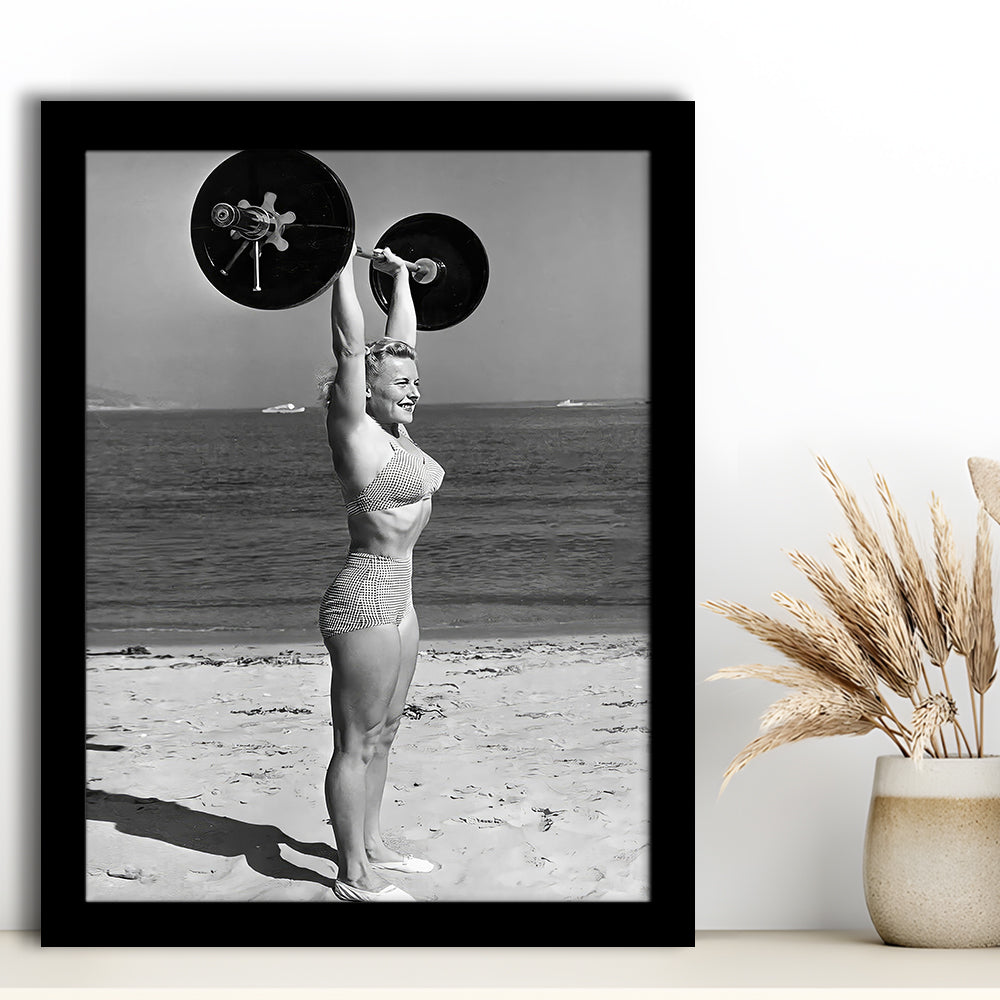 Woman Lifting Weights At Beach Framed Art Print Wall Decor, Beach Fitness Print, Bodybuilder, Black and White, Gym Decor