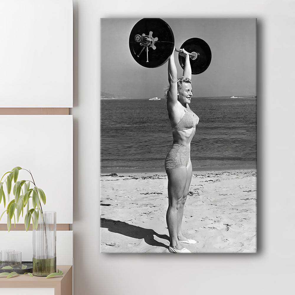 Woman Lifting Weights At Beach Canvas Print Wall Art, Beach Fitness Print, Bodybuilder, Black and White, Gym Decor