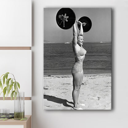 Woman Lifting Weights At Beach Canvas Print Wall Art, Beach Fitness Print, Bodybuilder, Black and White, Gym Decor