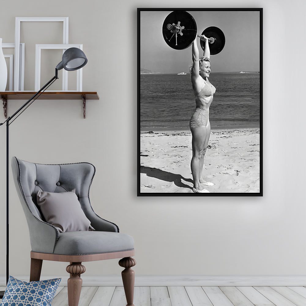 Woman Lifting Weights At Beach Framed Canvas Print Wall Art, Beach Fitness Print, Bodybuilder, Black and White, Gym Decor