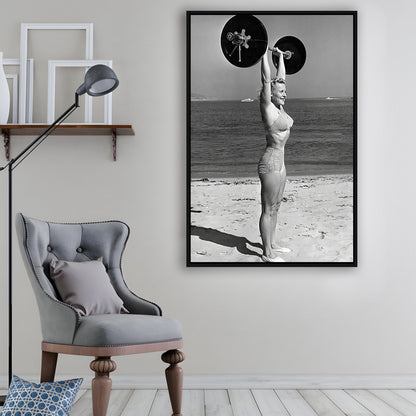 Woman Lifting Weights At Beach Framed Canvas Print Wall Art, Beach Fitness Print, Bodybuilder, Black and White, Gym Decor