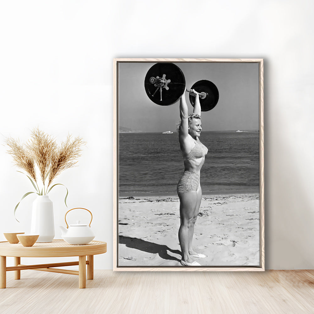 Woman Lifting Weights At Beach Framed Canvas Print Wall Art, Beach Fitness Print, Bodybuilder, Black and White, Gym Decor
