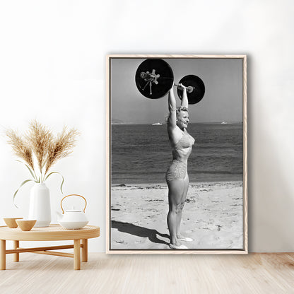 Woman Lifting Weights At Beach Framed Canvas Print Wall Art, Beach Fitness Print, Bodybuilder, Black and White, Gym Decor