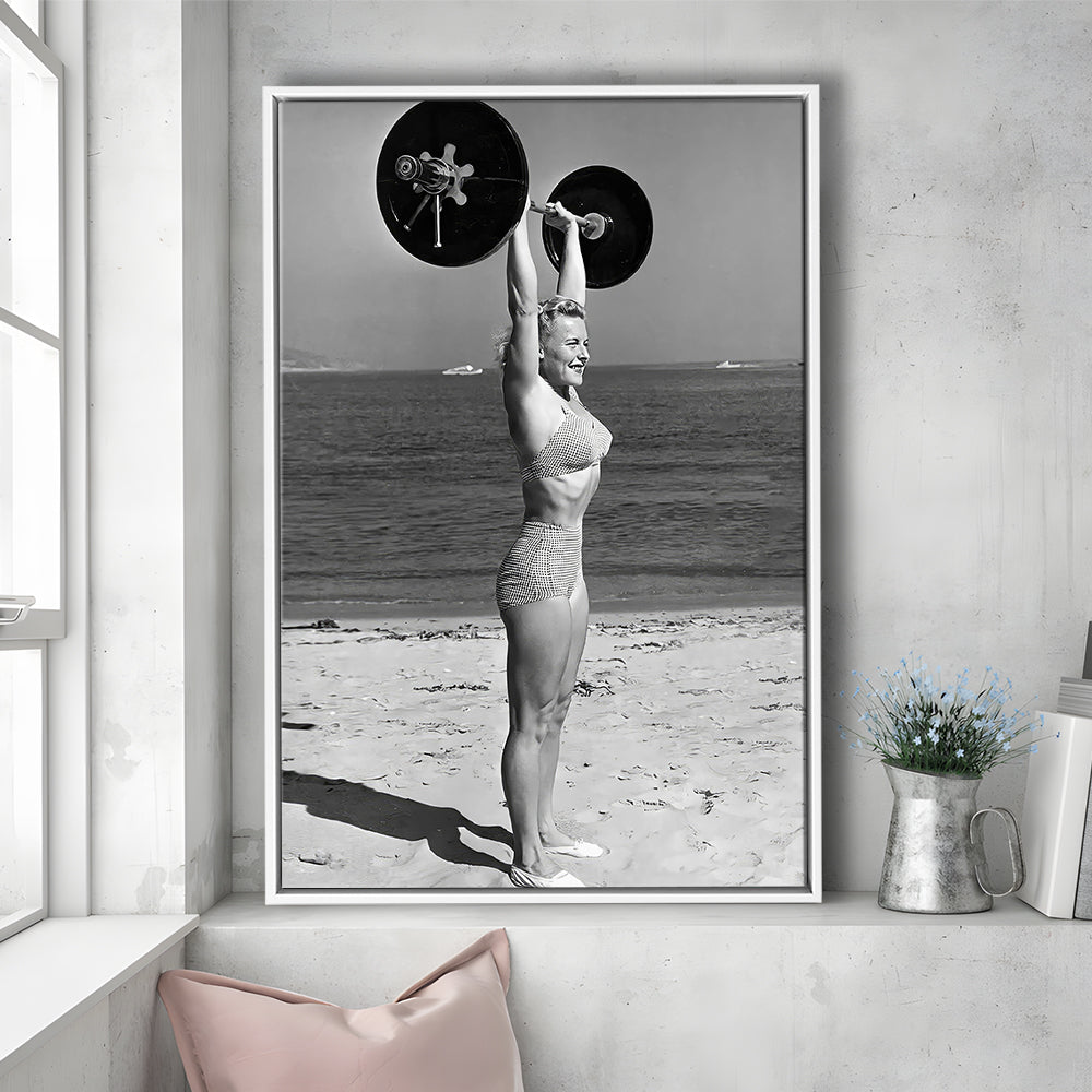 Woman Lifting Weights At Beach Framed Canvas Print Wall Art, Beach Fitness Print, Bodybuilder, Black and White, Gym Decor