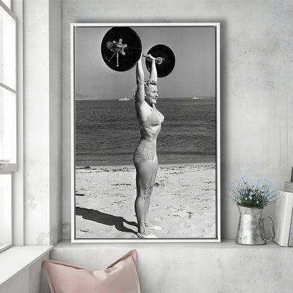 Woman Lifting Weights At Beach Framed Canvas Print Wall Art, Beach Fitness Print, Bodybuilder, Black and White, Gym Decor