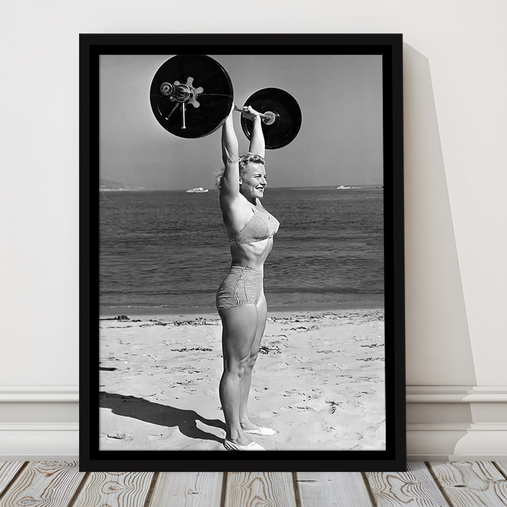 Woman Lifting Weights At Beach Framed Canvas Print Wall Art, Beach Fitness Print, Bodybuilder, Black and White, Gym Decor