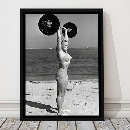 Woman Lifting Weights At Beach Framed Canvas Print Wall Art, Beach Fitness Print, Bodybuilder, Black and White, Gym Decor
