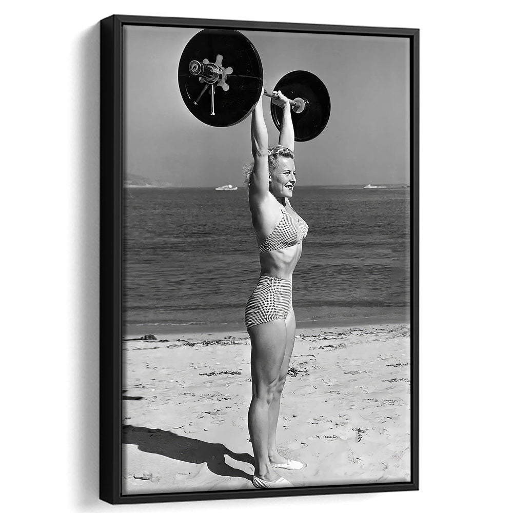Woman Lifting Weights At Beach Framed Canvas Print Wall Art, Beach Fitness Print, Bodybuilder, Black and White, Gym Decor