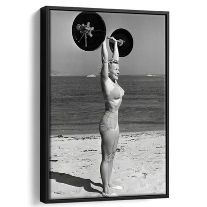 Woman Lifting Weights At Beach Framed Canvas Print Wall Art, Beach Fitness Print, Bodybuilder, Black and White, Gym Decor